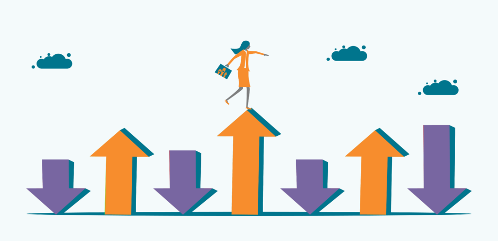 graphic illustration of woman walking on top of arrows facing up and down