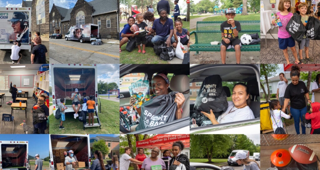 collage of photos with people handing out and receiving Lindy Infante Foundation's sport in a bag