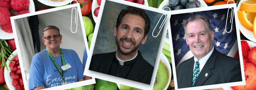 Photos of Dinky Youngsteadt-Parrish, Fr. Schalk, and Scott Marier